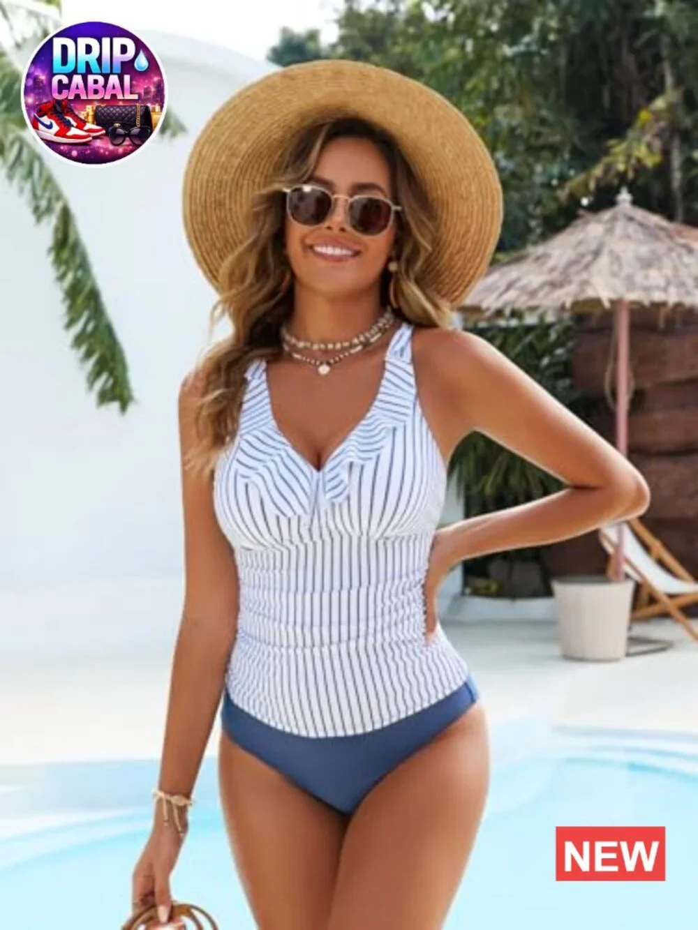 Tummy Control Tankini Set Ruffle Tank Top High Waisted Bottom Striped